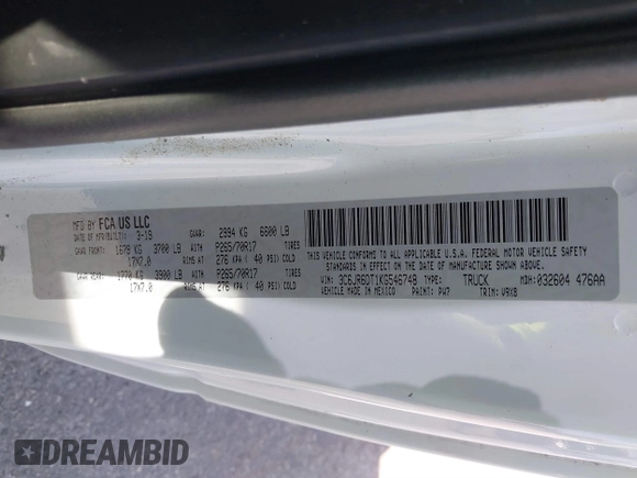 2019 Ram 1500 Classic Tradesman with VIN 3C6JR6DT1KG546748, listed as a IAAI auction lot 41478969 with 53,139 mi miles. Bid and sale history available at carsss.com. Image 9.
