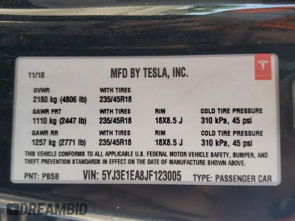 2018 Tesla Model 3 Long Range Battery z VIN 5YJ3E1EA8JF123005, wystawiony jako Copart lot #57272825 z przebiegiem 170 951 mil mil oraz Szkoda całkowita • Salvage title. Historia ofert i sprzedaży dostępna na DreamBid. Obrazek 12.