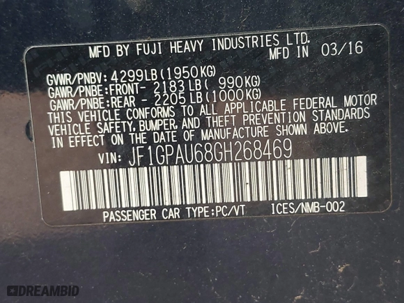 2016 Subaru Impreza Wagon 2.0i Sport Limited with VIN JF1GPAU68GH268469, listed as a IAAI auction lot 41894124 with 134,082 mi miles. Bid and sale history available at carsss.com. Image 9.