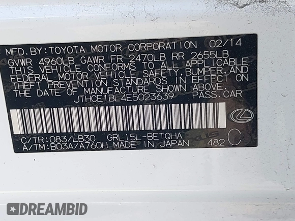2014 Lexus GS 350 with VIN JTHCE1BL4E5023639, listed as a IAAI auction lot 42552751 with 174,317 mi miles and . Bid and sale history available at DreamBid. Image 9.