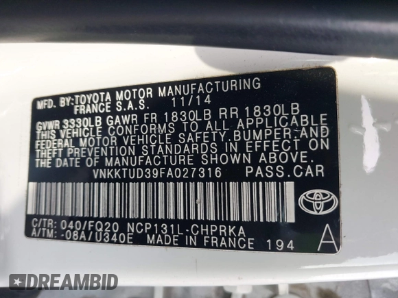 2015 Toyota Yaris L with VIN VNKKTUD39FA027316, listed as a IAAI auction lot 39022940 with 110,063 mi miles and . Bid and sale history available at DreamBid. Image 9.