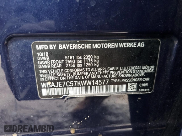 2019 BMW 5 Series 540i xDrive with VIN WBAJE7C57KWW14577, listed as a Copart auction lot 45013375 with 61,383 mi miles and Salvage Title. Bid and sale history available at carsss.com. Image 12.