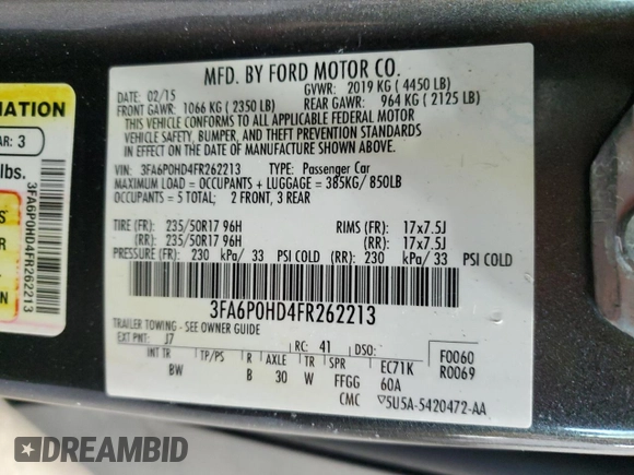 2015 Ford Fusion SE with VIN 3FA6P0HD4FR262213, listed as a Copart auction lot 46094965 with 114,462 mi miles and Salvage Title. Bid and sale history available at carsss.com. Image 15.