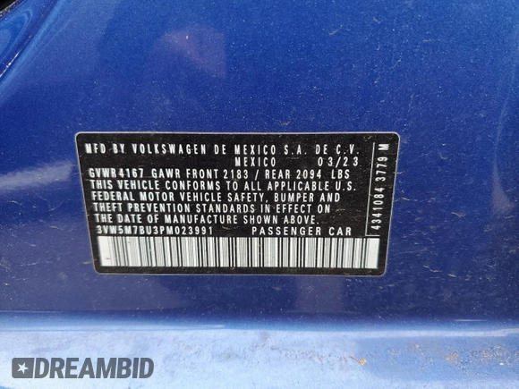 2023 Volkswagen Jetta S with VIN 3VW5M7BU3PM023991, listed as a Copart auction lot 56551545 with 22,524 mi miles and Salvage title. Bid and sale history available at DreamBid. Image 12.