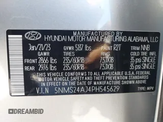 2023 Hyundai Santa Fe SEL with VIN 5NMS24AJ4PH545629, listed as a IAAI auction lot 42157742 with 33,814 mi miles and . Bid and sale history available at DreamBid. Image 9.