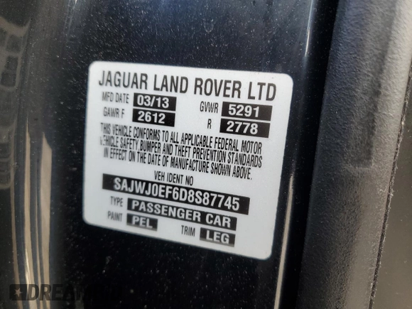 2013 Jaguar XF V6 SC with VIN SAJWJ0EF6D8S87745, listed as a Copart auction lot 86556564 with Not Provided miles and Salvage Title. Bid and sale history available at carsss.com. Image 13.