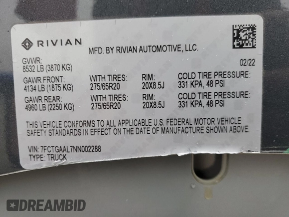 2022 Rivian R1T Launch Edition with VIN 7FCTGAAL7NN002288, listed as a Copart auction lot 43393815 with 46,927 mi miles and Salvage Title. Bid and sale history available at carsss.com. Image 13.