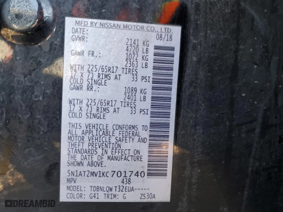 2019 Nissan Rogue SV with VIN 5N1AT2MV1KC701740, listed as a Copart auction lot 44363115 with 103,633 mi miles and Salvage Title. Bid and sale history available at carsss.com. Image 13.