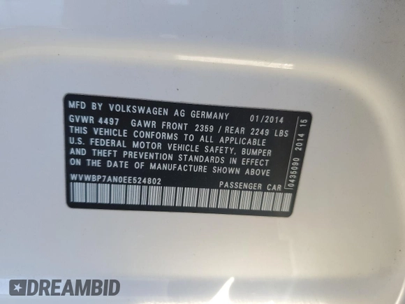 2014 Volkswagen CC Sport with VIN WVWBP7AN0EE524802, listed as a Copart auction lot 44760185 with 186,143 mi miles and Salvage Title. Bid and sale history available at carsss.com. Image 12.