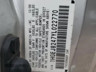 2000 Honda Civic EX z VIN 1HGEJ8247YL022770, wystawiony jako Copart lot #58949795 z przebiegiem 139 099 mil mil oraz Szkoda całkowita • Salvage title. Historia ofert i sprzedaży dostępna na DreamBid. Obrazek 12.