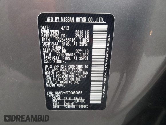2013 Nissan Quest LE with VIN JN8AE2KP7D9069057, listed as a Copart auction lot 46721615 with 128,745 mi miles and Clean Title. Bid and sale history available at carsss.com. Image 13.