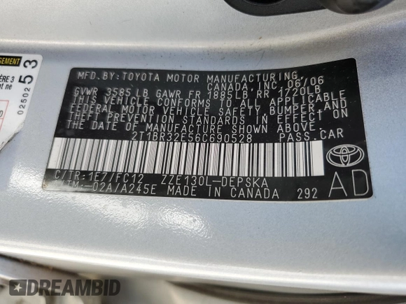 2006 Toyota Corolla CE with VIN 2T1BR32E56C690528, listed as a Copart auction lot 54935725 with 299,999 mi miles and Salvage Title. Bid and sale history available at DreamBid. Image 12.