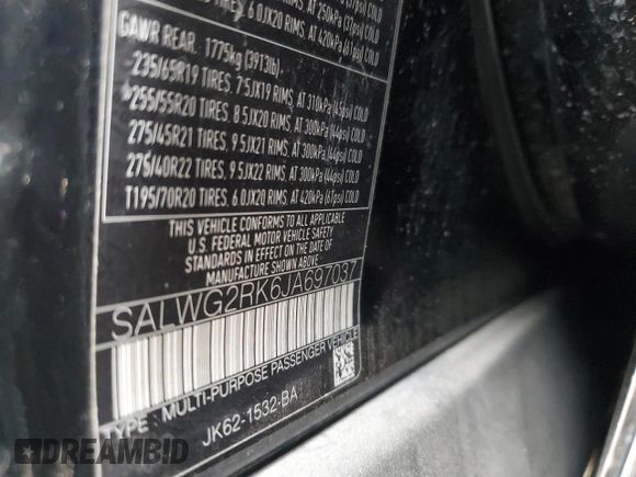 2018 Land Rover Range Rover Sport SE with VIN SALWG2RK6JA697037, listed as a Copart auction lot 59331374 with 85,124 mi miles and Salvage Title. Bid and sale history available at DreamBid. Image 13.