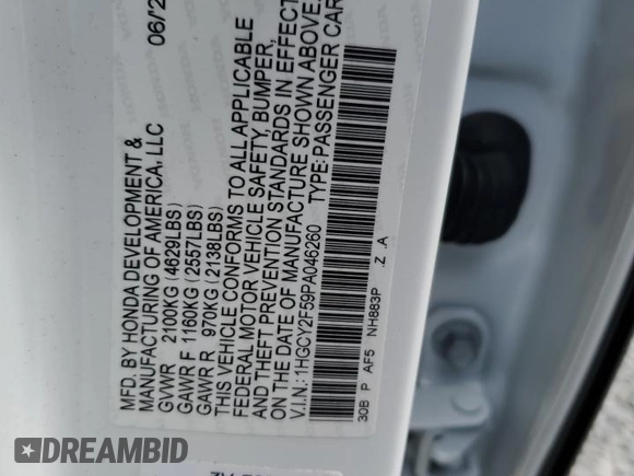 2023 Honda Accord Sport with VIN 1HGCY2F59PA046260, listed as a Copart auction lot 53189025 with 30,266 mi miles and Salvage title. Bid and sale history available at DreamBid. Image 14.