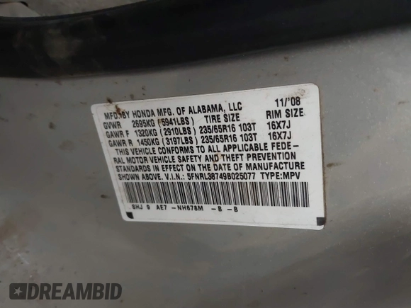 2009 Honda Odyssey EX-L с VIN 5FNRL38749B025077, выставлен на аукционе IAAI как лот 42420048 с пробегом 148 233 миль миль и . История ставок и продаж доступна на DreamBid. Изображение 9.