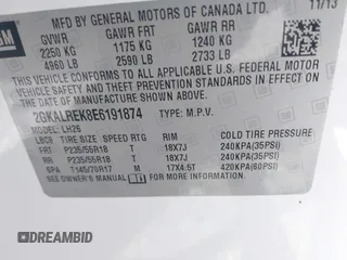 2014 GMC Terrain SLE z VIN 2GKALREK8E6191874, wystawiony jako IAAI lot #42288689 z przebiegiem 148 711 mil mil oraz . Historia ofert i sprzedaży dostępna na DreamBid. Obrazek 9.