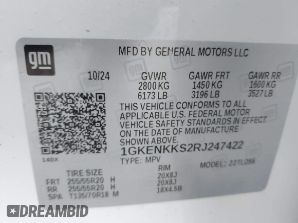 2024 GMC Acadia FWD Elevation z VIN 1GKENKKS2RJ247422, wystawiony jako IAAI lot #41450552 z przebiegiem 4 148 mil mil oraz . Historia ofert i sprzedaży dostępna na DreamBid. Obrazek 9.