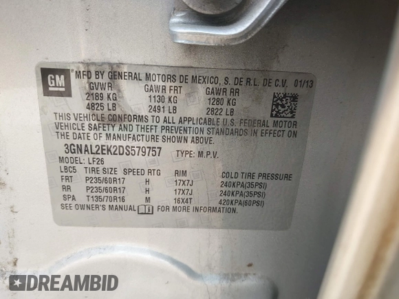 2013 Chevrolet Captiva Sport LS with VIN 3GNAL2EK2DS579757, listed as a IAAI auction lot 42058796 with 228,166 mi miles and . Bid and sale history available at carsss.com. Image 9.