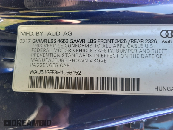 2017 Audi S3 Premium Plus with VIN WAUB1GFF3H1066152, listed as a IAAI auction lot 42032213 with 85,816 mi miles. Bid and sale history available at carsss.com. Image 8.