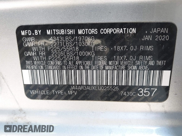 2020 Mitsubishi Outlander Sport ES 2.0 with VIN JA4AR3AUXLU025525, listed as a IAAI auction lot 40648521 with 103,306 mi miles. Bid and sale history available at carsss.com. Image 9.