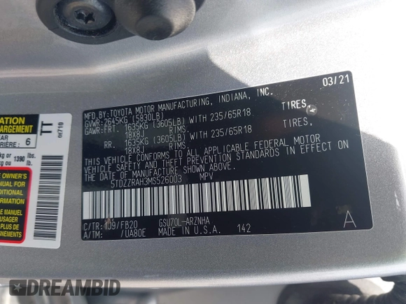 2021 Toyota Highlander L with VIN 5TDZZRAH3MS526003, listed as a IAAI auction lot 42617546 with Not provided miles and . Bid and sale history available at DreamBid. Image 9.