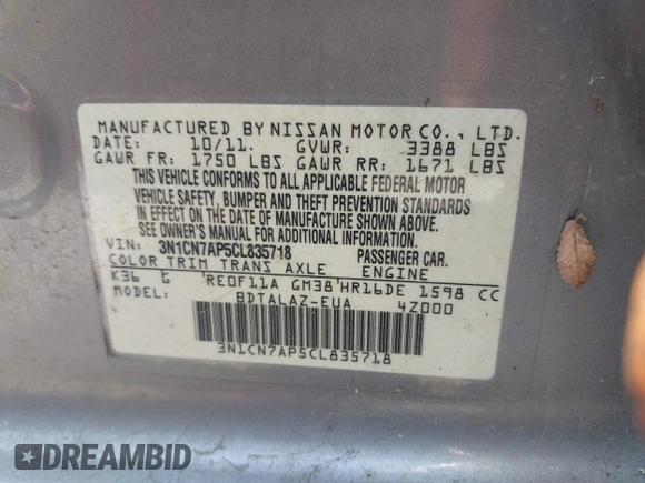 2012 Nissan Versa SV with VIN 3N1CN7AP5CL835718, listed as a IAAI auction lot 42599254 with 125,014 mi miles and . Bid and sale history available at DreamBid. Image 9.