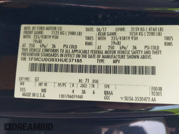 2017 Ford Escape SE with VIN 1FMCU0G9XHUE37185, listed as a IAAI auction lot 42053979 with 72,904 mi miles. Bid and sale history available at carsss.com. Image 9.