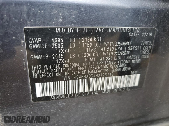 2017 Subaru Outback Premium с VIN 4S4BSADC9H3323143, выставлен на аукционе Copart как лот 57487515 с пробегом 104 339 миль миль и Списание • Salvage title. История ставок и продаж доступна на DreamBid. Изображение 14.