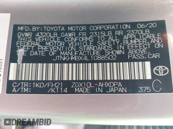 2020 Toyota C-HR LE with VIN JTNKHMBX4L1088502, listed as a IAAI auction lot 41982312 with 69,160 mi miles and . Bid and sale history available at DreamBid. Image 9.