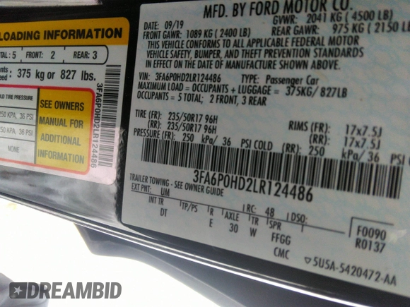 2020 Ford Fusion SE with VIN 3FA6P0HD2LR124486, listed as a IAAI auction lot 41638783 with 78,576 mi miles and . Bid and sale history available at DreamBid. Image 9.