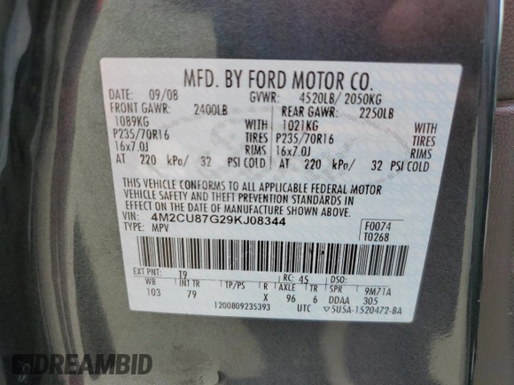2009 Mercury Mariner Premier z VIN 4M2CU87G29KJ08344, wystawiony jako Copart lot #57113485 z przebiegiem 102 748 mil mil oraz Nie do naprawy • Non repairable. Historia ofert i sprzedaży dostępna na DreamBid. Obrazek 13.
