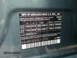 2002 Mercedes-Benz M-Class with VIN 4JGAB54EX2A313793, listed as a Copart auction lot 72600614 with 140,053 mi miles and Salvage Title. Bid and sale history available at carsss.com. Image 15.
