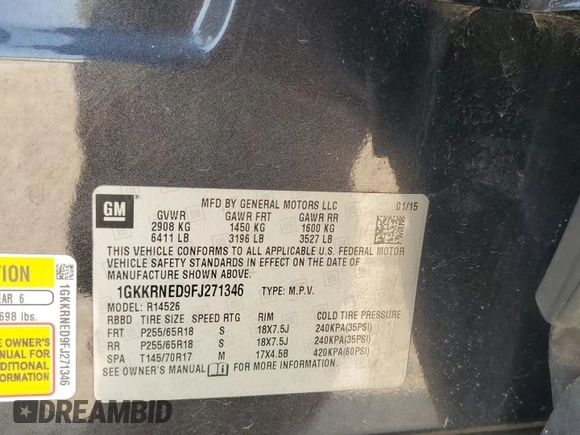 2015 GMC Acadia SLE with VIN 1GKKRNED9FJ271346, listed as a Copart auction lot 69093464 with 173,484 mi miles and Salvage Title. Bid and sale history available at DreamBid. Image 13.