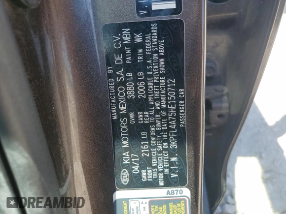 2017 Kia Forte LX with VIN 3KPFL4A75HE150712, listed as a Copart auction lot 52585155 with 185,643 mi miles and Salvage Title. Bid and sale history available at carsss.com. Image 12.