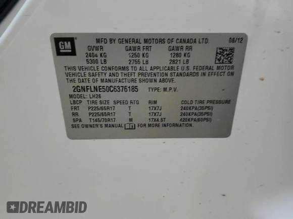 2012 Chevrolet Equinox LT w/2LT with VIN 2GNFLNE50C6376185, listed as a Copart auction lot 46128725 with 146,915 mi miles and Salvage Title. Bid and sale history available at carsss.com. Image 12.