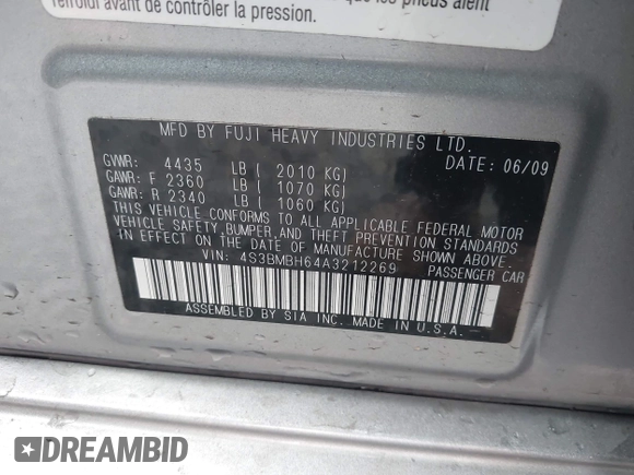 2010 Subaru Legacy Premium All-Weather Anniversary with VIN 4S3BMBH64A3212269, listed as a IAAI auction lot 41932480 with 97,261 mi miles and . Bid and sale history available at DreamBid. Image 9.
