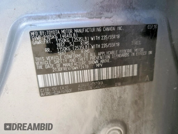 2016 Toyota RAV4 Limited with VIN 2T3DFREV7GW472419, listed as a Copart auction lot 63585975 with 135,994 mi miles and Salvage title. Bid and sale history available at DreamBid. Image 13.