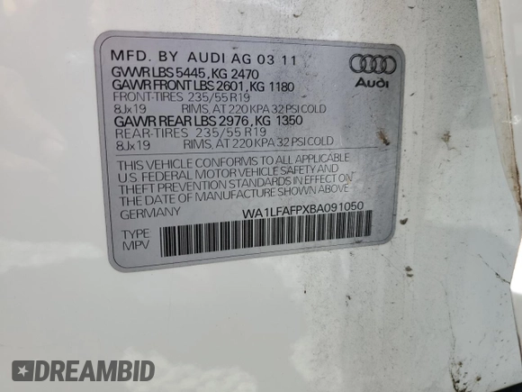 2011 Audi Q5 Premium Plus with VIN WA1LFAFPXBA091050, listed as a Copart auction lot 66954155 with 175,806 mi miles and Clean title. Bid and sale history available at DreamBid. Image 13.