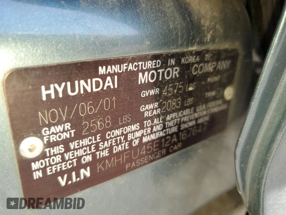 2002 Hyundai XG350 L with VIN KMHFU45E12A167647, listed as a Copart auction lot 54046255 with Not Provided miles and Salvage Title. Bid and sale history available at carsss.com. Image 12.