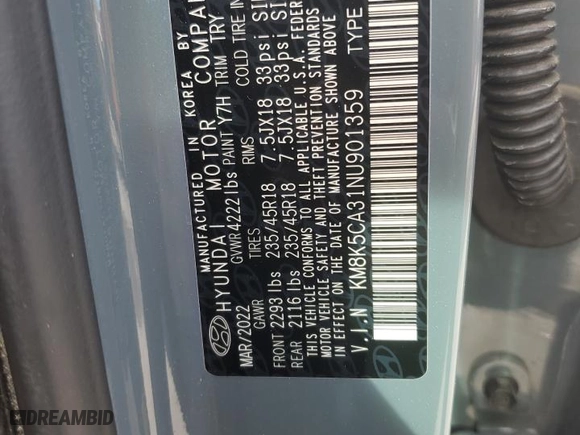 2022 Hyundai Kona Limited with VIN KM8K5CA31NU901359, listed as a Copart auction lot 43634075 with 20,805 mi miles and Salvage Title. Bid and sale history available at carsss.com. Image 13.