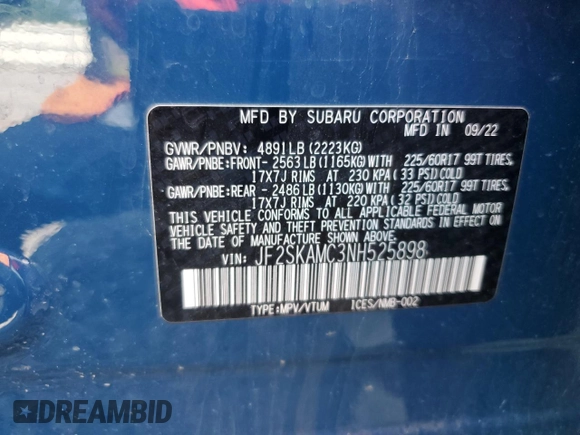 2022 Subaru Forester Wilderness with VIN JF2SKAMC3NH525898, listed as a Copart auction lot 59483215 with Not provided miles and Salvage title. Bid and sale history available at DreamBid. Image 14.