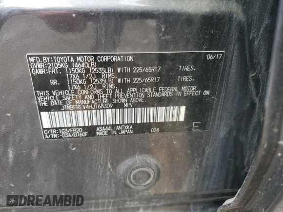 2017 Toyota RAV4 LE with VIN JTMBFREV4HJ168309, listed as a Copart auction lot 58152225 with 74,450 mi miles and Salvage title. Bid and sale history available at DreamBid. Image 13.