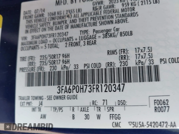 2015 Ford Fusion SE with VIN 3FA6P0H73FR120347, listed as a IAAI auction lot 42009225 with 114,396 mi miles and . Bid and sale history available at DreamBid. Image 9.