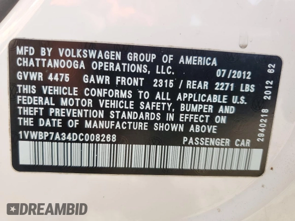 2013 Volkswagen Passat SE with VIN 1VWBP7A34DC008268, listed as a Copart auction lot 63002035 with 180,787 mi miles and Salvage title. Bid and sale history available at DreamBid. Image 12.