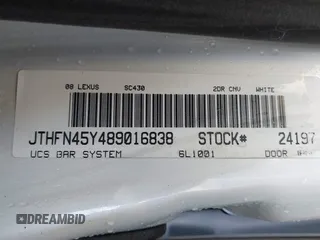 2008 Lexus SC 430 with VIN JTHFN45Y489016838, listed as a IAAI auction lot 41727443 with 136,414 mi miles and . Bid and sale history available at carsss.com. Image 9.