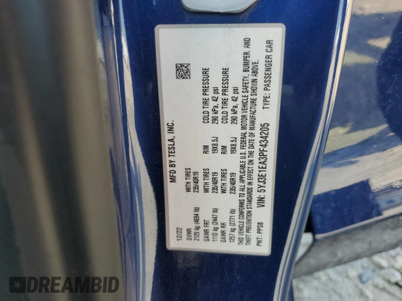 2023 Tesla Model 3 с VIN 5YJ3E1EA3PF434205, выставлен на аукционе Copart как лот 57917305 с пробегом 82 481 миль миль и Списание • Salvage title. История ставок и продаж доступна на DreamBid. Изображение 12.