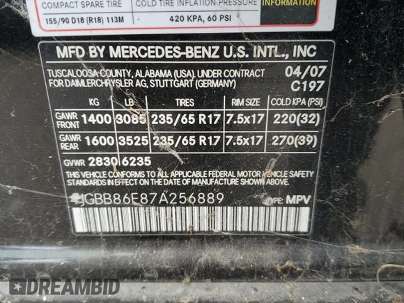 2007 Mercedes-Benz M 350 with VIN 4JGBB86E87A256889, listed as a Copart auction lot 48168195 with Not Provided miles and Clean Title. Bid and sale history available at DreamBid. Image 12.