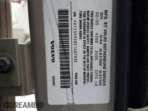 2005 Volvo S80 with VIN YV1TS592051407935, listed as a Copart auction lot 40319174 with 0 mi miles and Salvage Title. Bid and sale history available at carsss.com. Image 14.