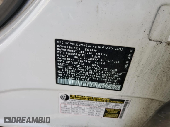 2012 Volkswagen Touareg Exec with VIN WVGEF9BP1CD010015, listed as a Copart auction lot 72646154 with 163,502 mi miles and Salvage Title. Bid and sale history available at DreamBid. Image 13.