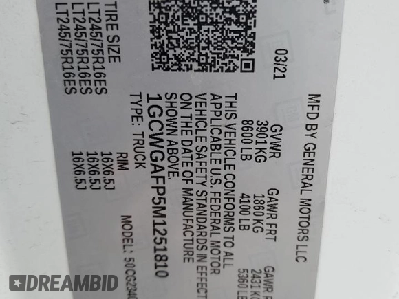 2021 Chevrolet Express Cargo z VIN 1GCWGAFP5M1251810, wystawiony jako Copart lot #43169785 z przebiegiem 57 200 mil mil oraz Szkoda całkowita • Salvage title. Historia ofert i sprzedaży dostępna na DreamBid. Obrazek 15.